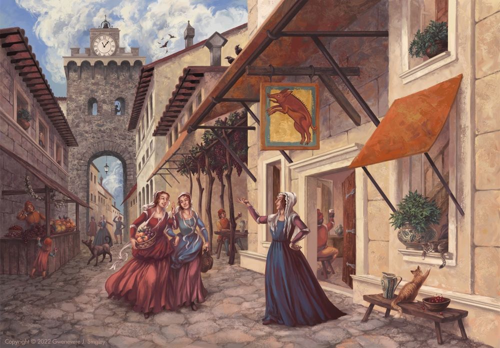 A cobbled street in the city of Pontassieve on a sunny afternoon. Fine stone buildings line the street, with red tiled roofs and shady awnings. The arched doorway of an old medieval guard gate is down the street. There’s a large, well kept two story stone inn. The sign shows a red rampant boar, the door and windows are open, showing guests drinking inside, and more guests drink under an adjoining grape arbor. Cats and large decorated pots of herbs perch in the windows. The handsome middle-aged landlady stands outside haranguing her two lovely daughters who are returning from the market with baskets of fruit and jugs of wine, gossiping. At a fruit stand is across the street, a small child takes a plum and watches a large dog, as the fruit vendor looks wistfully at the landlady’s pretty daughters, oblivious to everything else. Further down the street various townspeople argue, with very Italian gestures.