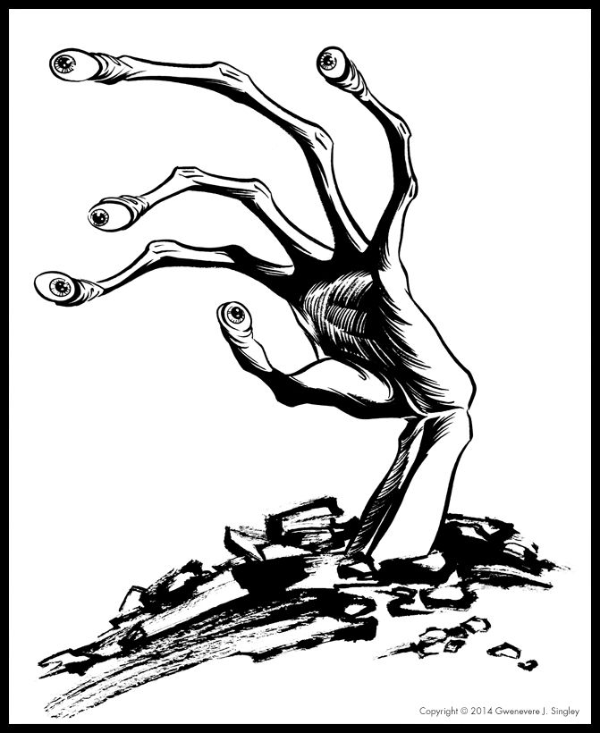 A weird hand with long bony fingers emerges from the ground. Every finger is tipped with an eyeball, looking every which way.