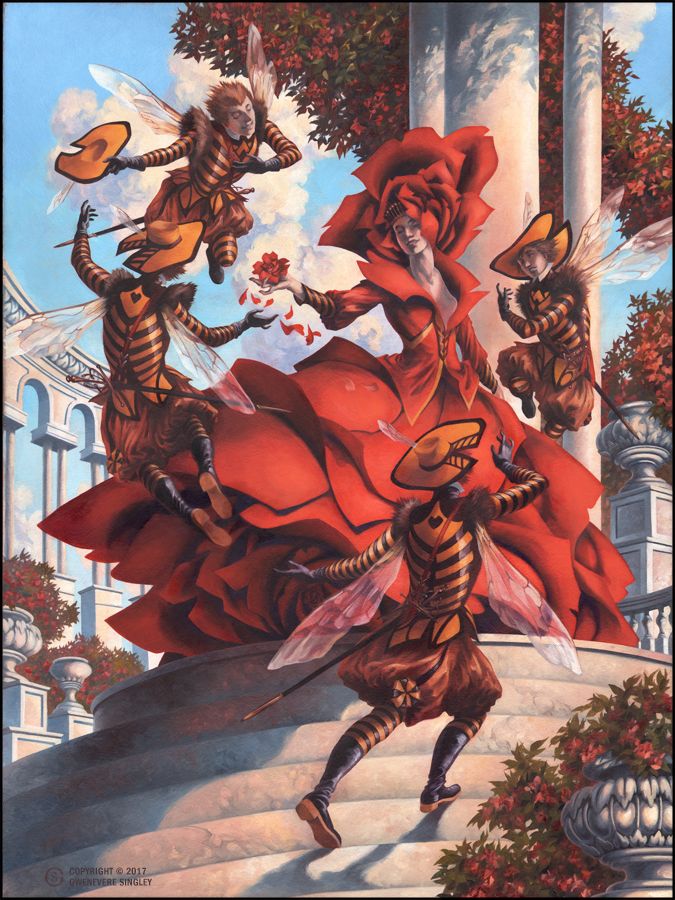 The Rose Queen, in a grand rose gown, is surrounded by her court of elegant bee attendants in a spacious pavilion decked with roses. The bee courtiers are all vying for her attention.