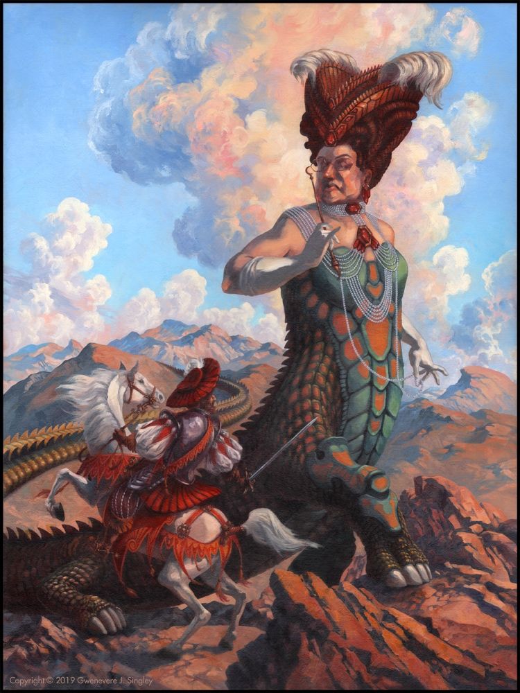 A knight on a white horse, setting out to find a dragon in a mountainous wild wasteland, has just encountered the dragon’s aunt. She is MASSIVE, half pompous matron and half dragon, decked with curls, pearls, and feathers (or are they horsetails?) with a long scaly tail stretching back into the mountains, and a formidable gold lorgnette, through which she examines the knight. She does not approve.