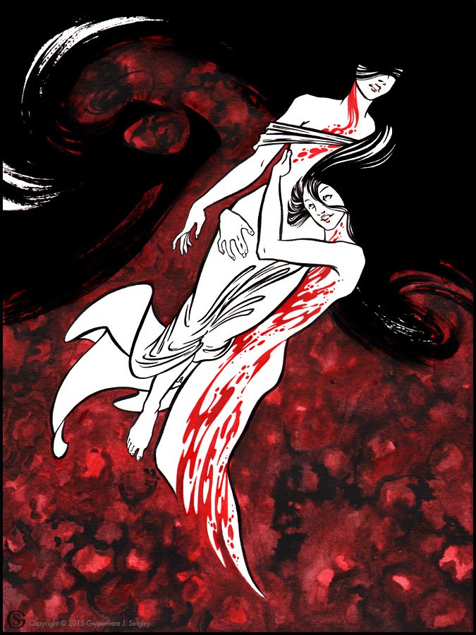 Carmilla, a sinuous and seductive vampire, clasps the unconscious form of her lovely victim as blood flows over both of them. Carmilla’s dark hair twines over the face of her prey and fills the space with ominous black and blood-hued swirling gloom.