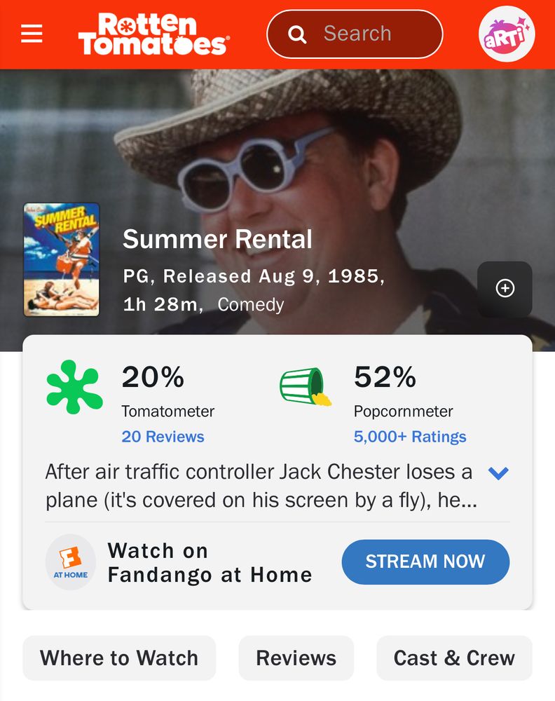 Rotten Tomatoes page for Summer Rental (1985), starring John Candy. It has a score of 20% on the Tomatometer and 52% on the Popcornmeter.