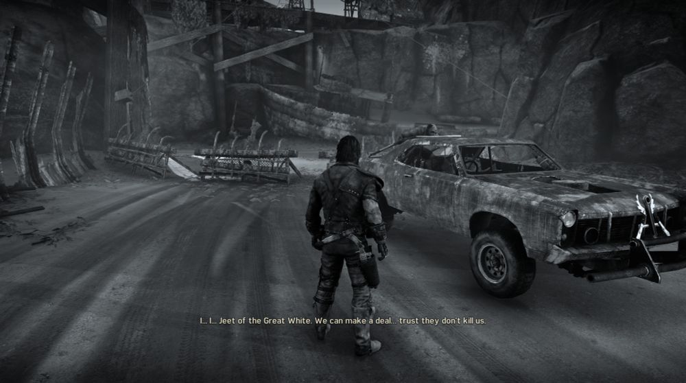 A screenshot of Mad Max (2015) on PC in a strong Black and White visual style.