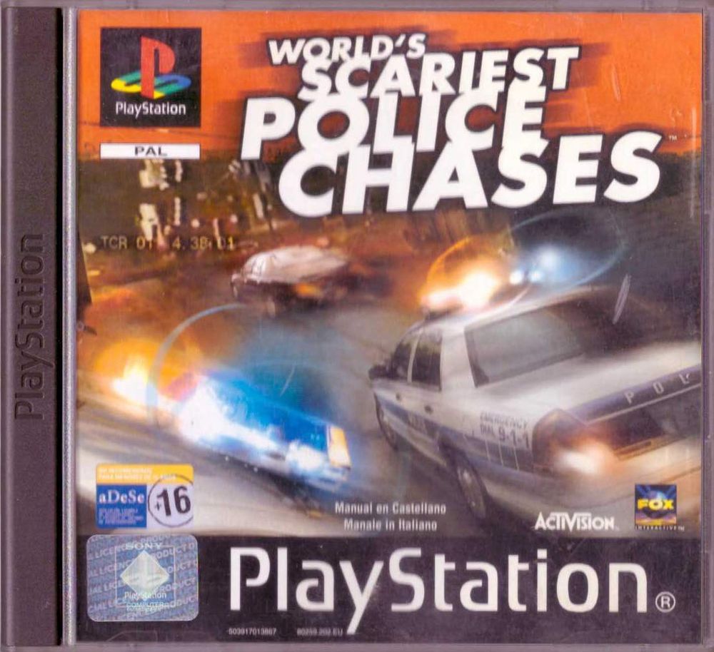 The PAL box art for World’s Scariest Police Chases on PSX. It was a licensed title based on the TV series of the same name. The title font matches that of the show, and the box art is a mishmash of stylised police cars and a speeding sports car.