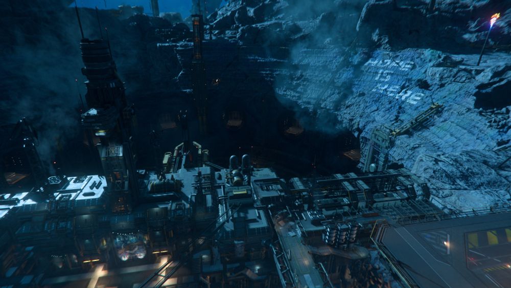 A screenshot from Star Citizen. "Hope is here" is written in giant letters on a rockface.