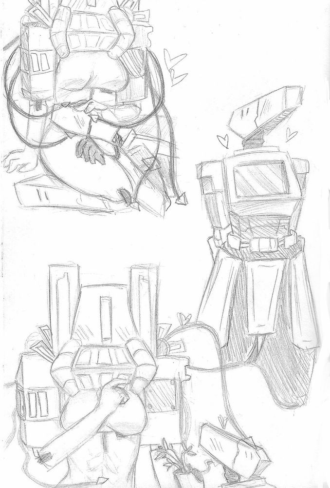 top left: mindflayer sitting down with streetcleaner with its head on her lap and mindflayers hand on her head. also her tendrils stroking their head 
right: streetcleaner looking cute thinking bout mindflayer 🩷
bottom: streencleaner giving mindflayer flowers, mindflayer is flattered 
they are gay and blushing in every drawing