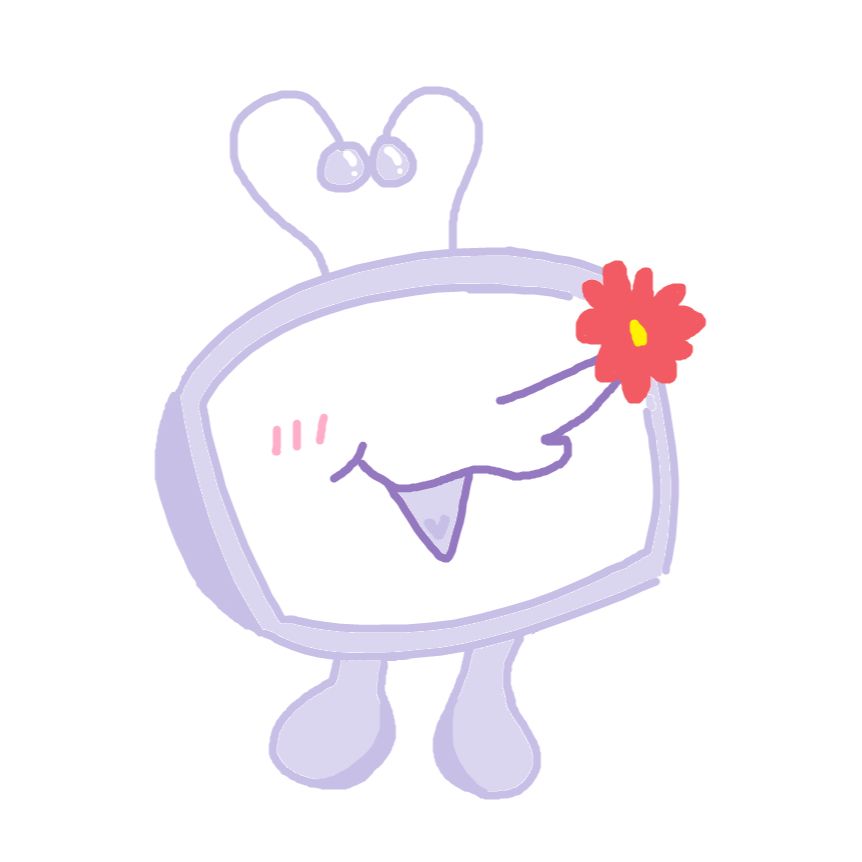 A simple drawing of Tenna from Deltarune chapter 3, but he is smaller, and instead of a body there are round ball feet attached to his tv head. He is making a happy expression with a red flower blooming from his nose. His antennas are forming a heart on top of his head.