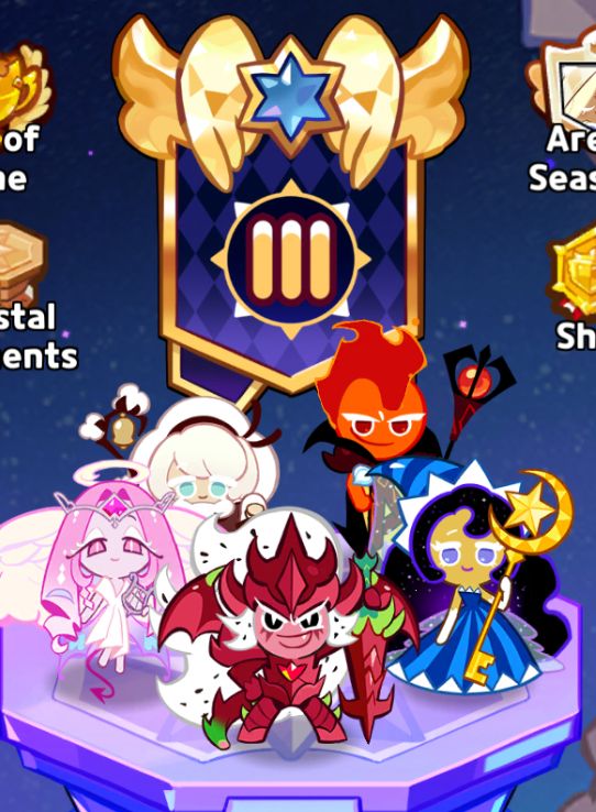 5 Cookie characters from COokie Run Kingdom (specific characters listed above) standing on a lavender pedestal, a gold and blue banner is behind then with the number 3 in roman numerals