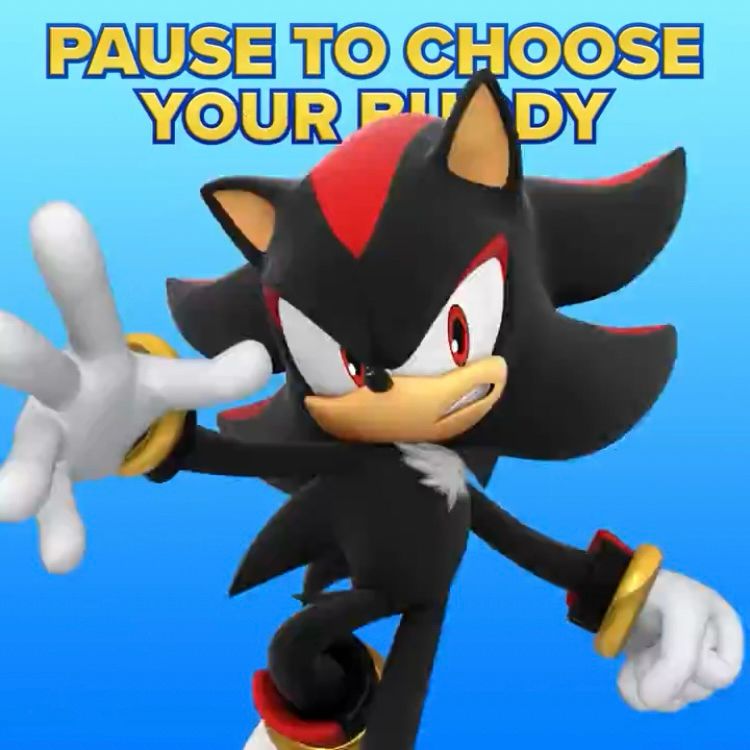 Picture of Shadow the hedgehog over a blue background. Yellow text behind him says “Pause to choose your buddy”