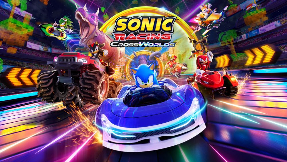 An official render for Sonic Racing: CrossWorlds. It shows various characters on different vehicles. From left to right:
Jet the Hawk on a green and black Extreme Gear (a hoverboard)
Shadow the Hedgehog on a red and black Monster Truck
Sonic the Hedgehog in a blue and white  racing car 
Knuckles the Echidna in a red racing car
Eggman in a red racing car with a drill attachment on the front
Tails the fox in a yellow racing car with wing attachments on either side