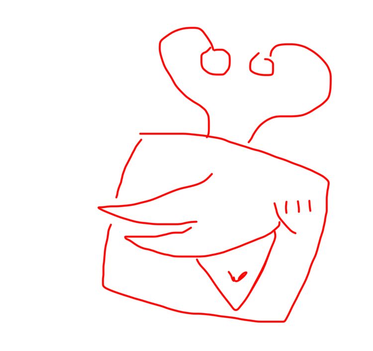 A quick finger doodle of Tenna’s face in the iPhone notes app (Tenna is a character from Deltarune chapter 3). It is drawn in red and shows him having a happy expression, with his antenna curling to make a heart shape over his head