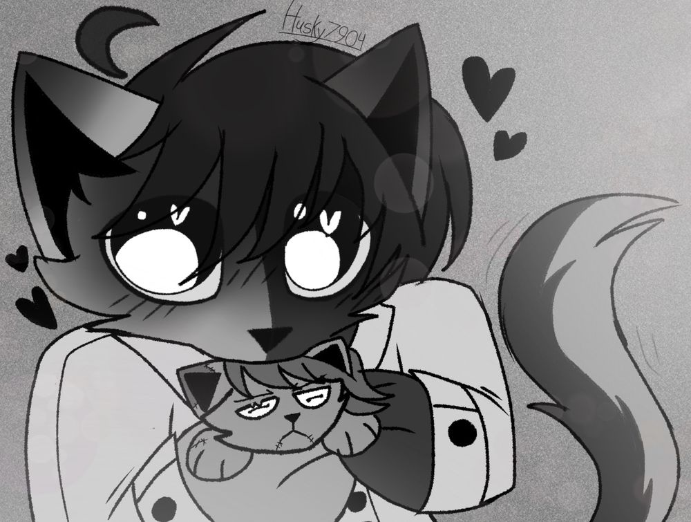 A cat furry holding a doll