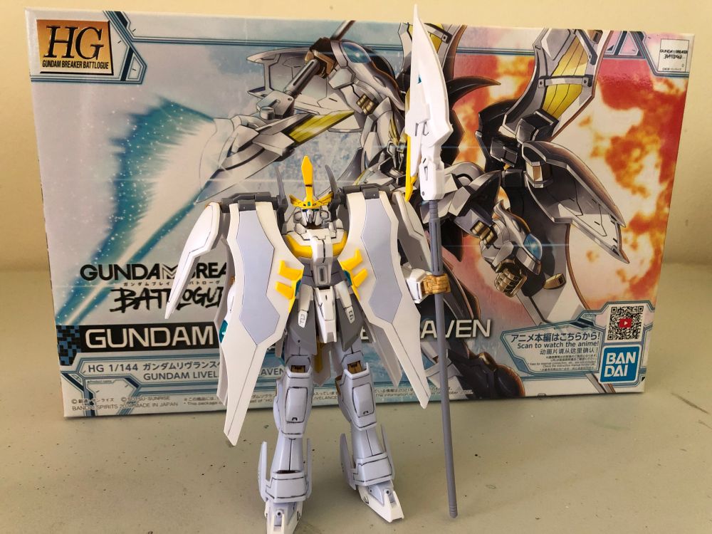 Assembled High Grade model of the Gundam Livelance Heaven posing proudly.