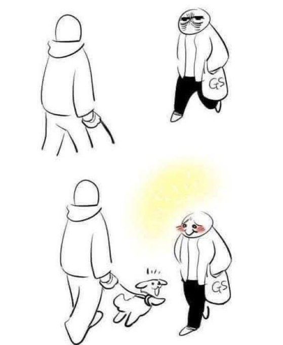 “Quadrinho simples em estilo minimalista. Na primeira cena, uma pessoa encapuzada caminha segurando a guia de um cãozinho, passando por outra pessoa com expressão séria. Na segunda cena, o cãozinho vira a cabeça animado em direção à outra pessoa, que agora sorri com o rosto iluminado e bochechas coradas, enquanto continua caminhando.”