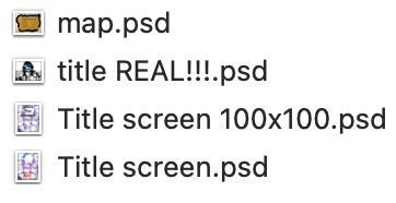 A list of photoshop file names including two files named title screen and a third file named title real followed by three exclamation points. 