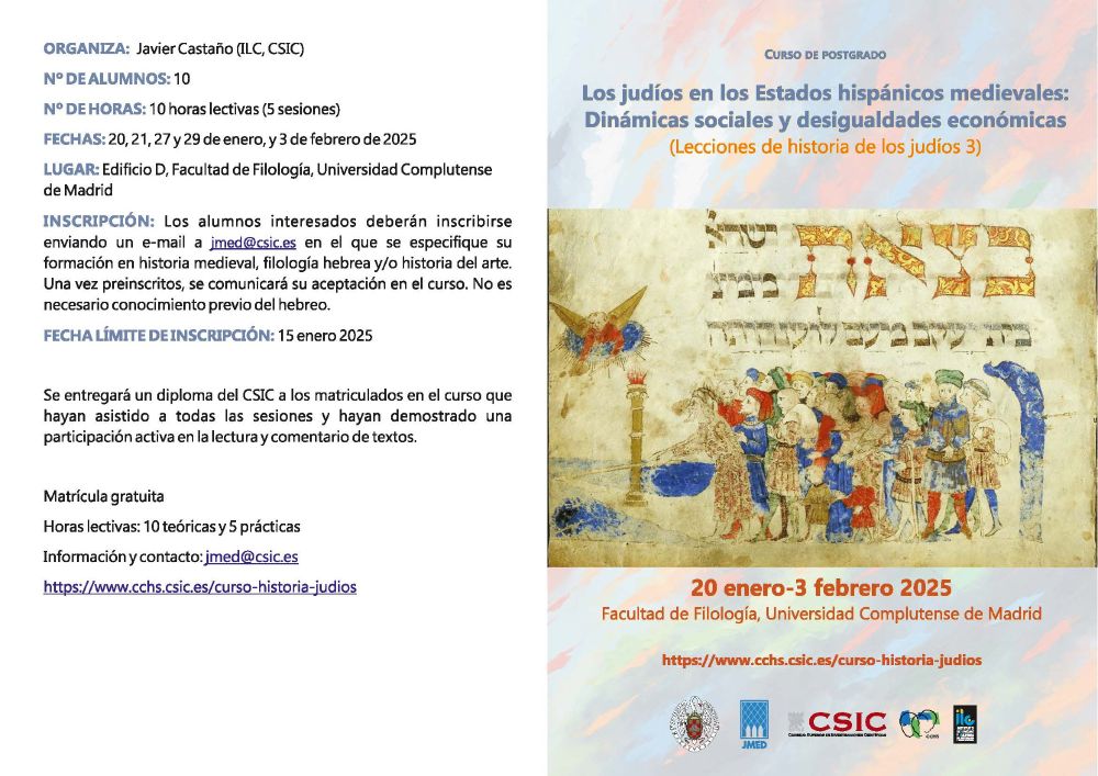 Da noticia del curso de postgrado sobre historia de los judíos en los Estados hispánicos medievales a celebrarse en la Facultad de Filología de la Universidad Complutense de Madrid, organizado por Javier Castaño, en enero y febrero de 2024.