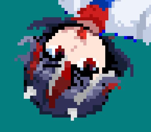 Pixel art of Seija upside down with her tounge out. She has horns this time