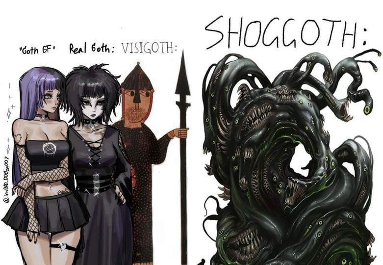 A cartoon drawing of a feminine Goth girlfriend, a feminine Real Goth, a tapestry image of a Visigoth, and an artistic concept of a shoggoth.