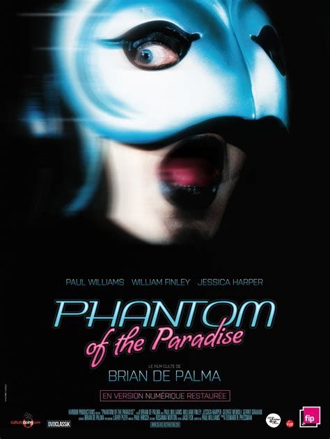 Movie poster of 1974 Phantom of the Paradise. A face in a chrome metal mask that is birdlike looks aghast to the side of frame on a black background. The movie title is at the bottom written in aqua and magenta letters.