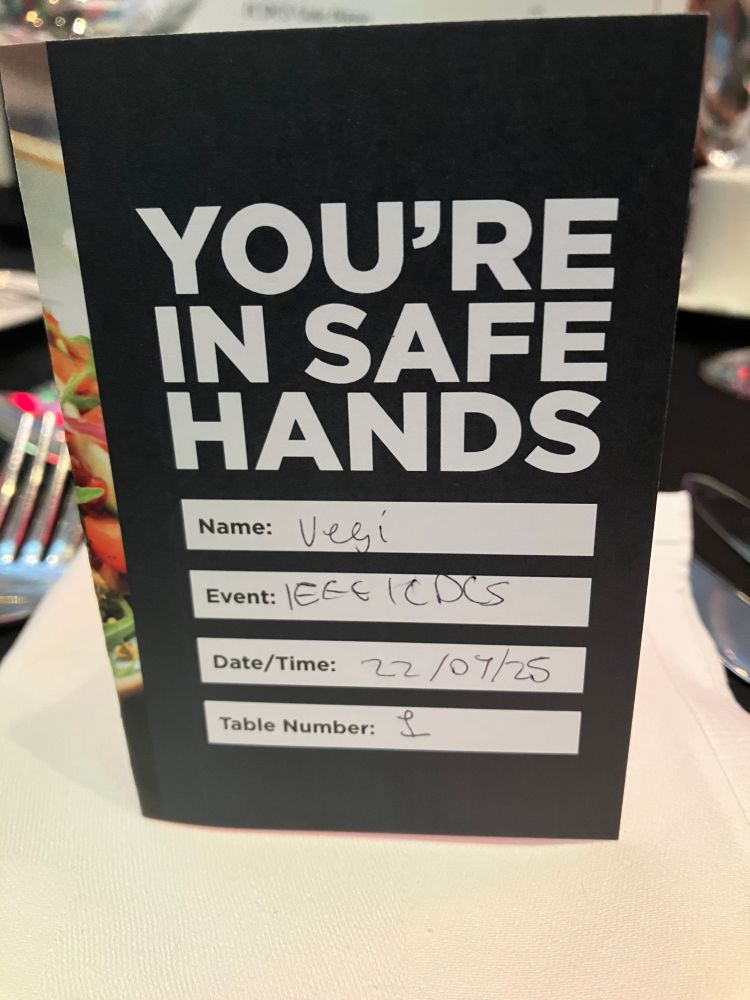 As a vegetarian i was "in safe hands" at ICDCS, as this card says, identifying me as "vegi" :)