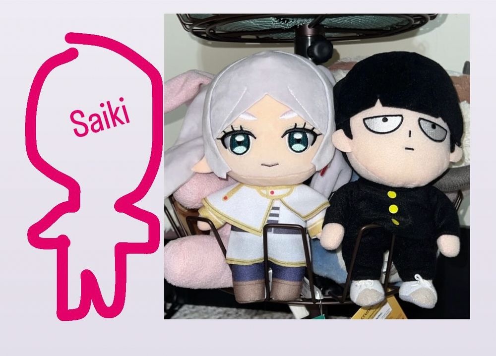 Photo of chibi plushies of Frieren and Mob. Beside the photo is a drawn outline to represent where a theoretical Saiki plush would be