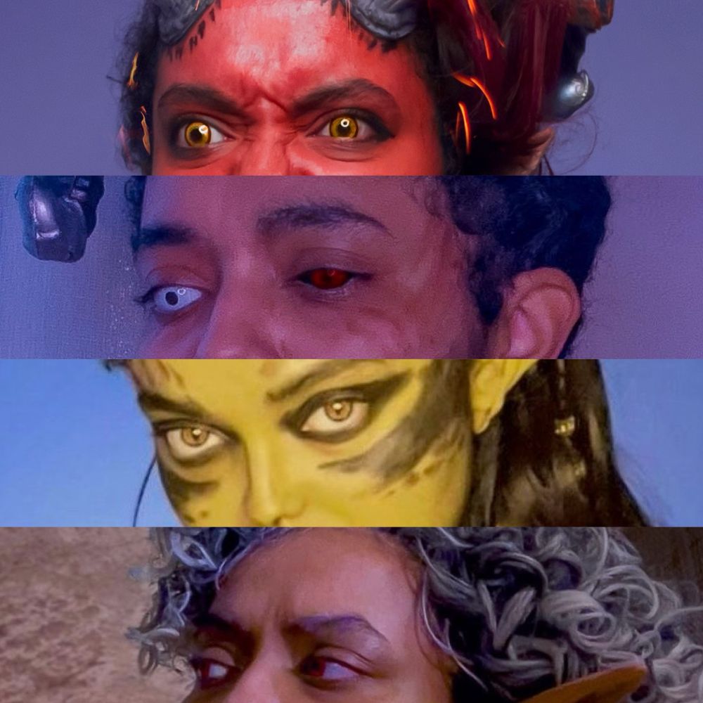 4 cosplay photos stacked on top of each other in one image, each showing the eyes of a different Baldur’s Gate 3 character. The characters, from top to bottom, are Karlach, Wyll, Lae’zel, and Astarion