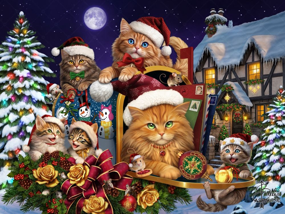 Cats wearing Santa hats gathered around a mailbox. 