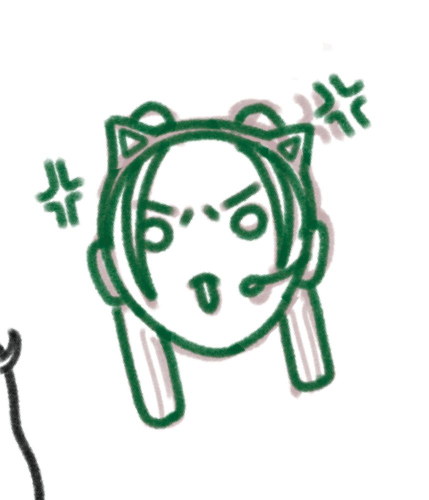 A digital drawing of Mira from Kpop Demon Hunters. She’s just a tiny head version of herself like you would see as an aside in a comic if that makes sense. She’s wearing headphones with cat ears and is clearly yelling
