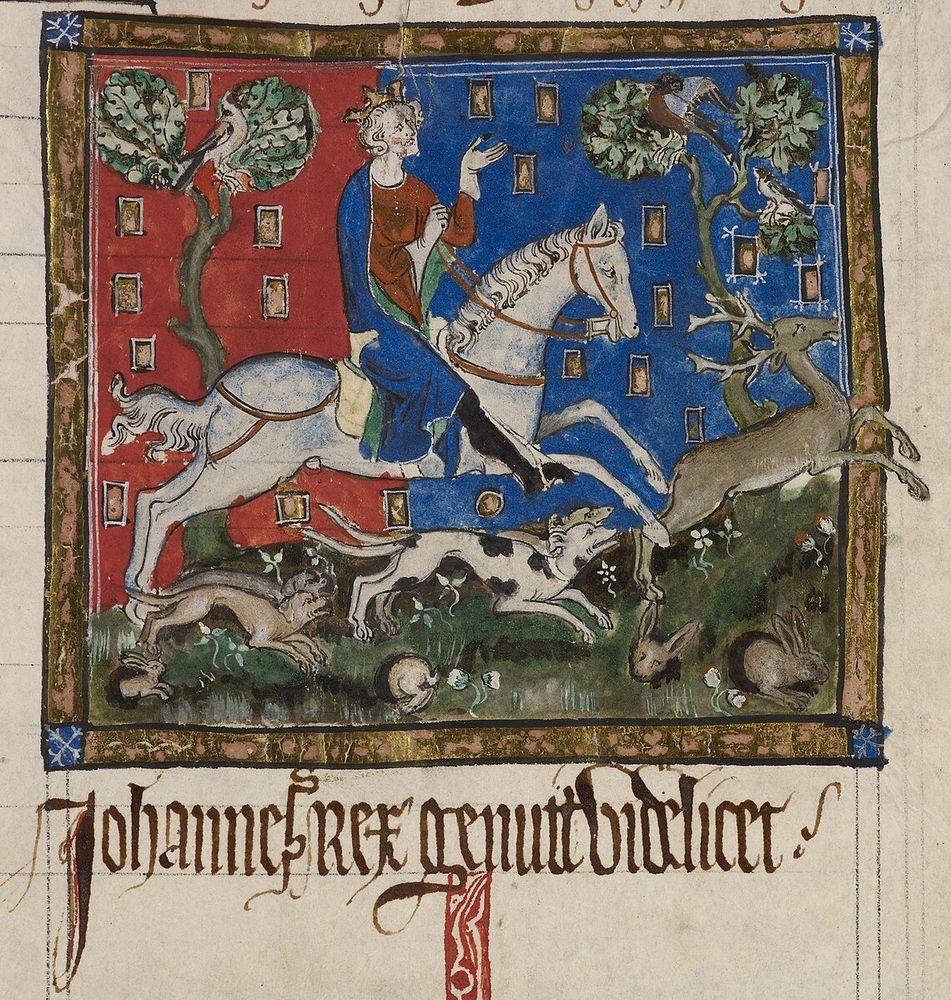 A drawing of a man on a horse with hunting dogs running alongside. The scene is framed by a square border with Latin text underneath as it comes from a manuscript. The background of the image is divided into a red portion on the left and a larger blue one on the right. The man is wearing a crown, a blue cloak and red tunic, and is intended to depict King John.