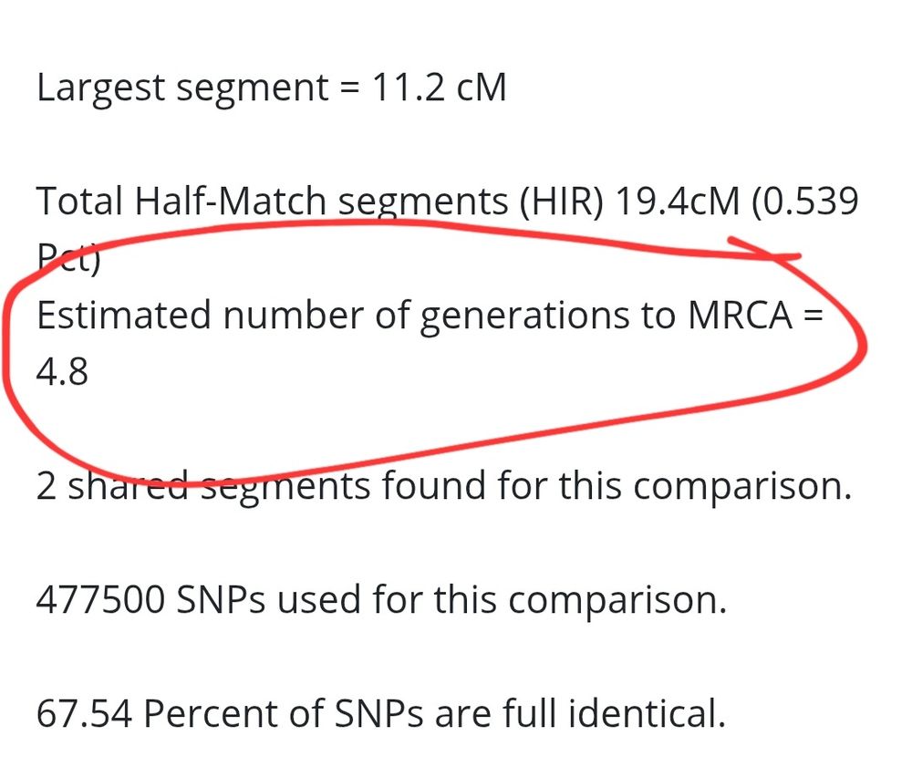 Largest segment = 11.2 cM

Total Half-Match segments (HIR) 19.4cM (0.539 Pct)
Estimated number of generations to MRCA = 4.8

2 shared segments found for this comparison.

477500 SNPs used for this comparison.

67.54 Percent of SNPs are full identical.
