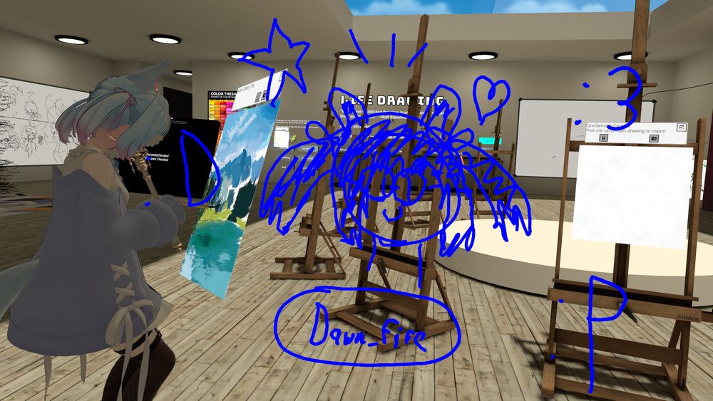 VRChat screenshot of a silly lil 3D pen doodle of Dawnfire while they're painting