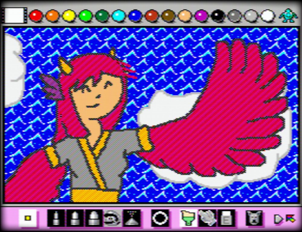 A Mario Paint drawing of a pink-haired harpy with small horns, smiling and waving with one of their large pink wings. They're floating above the clouds, high above water. The image has a CRT filter and composite video artifacts.