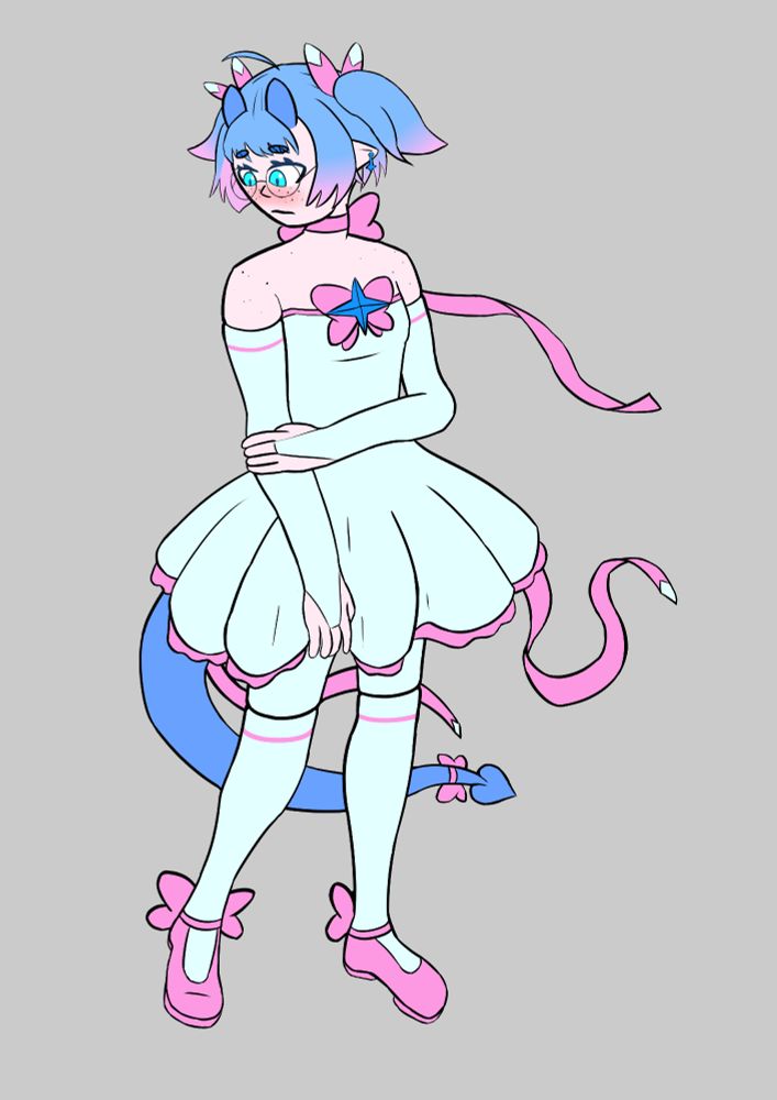 Drawing of a half-demon magical girl, she's looking away shy and has her hand on her other arm