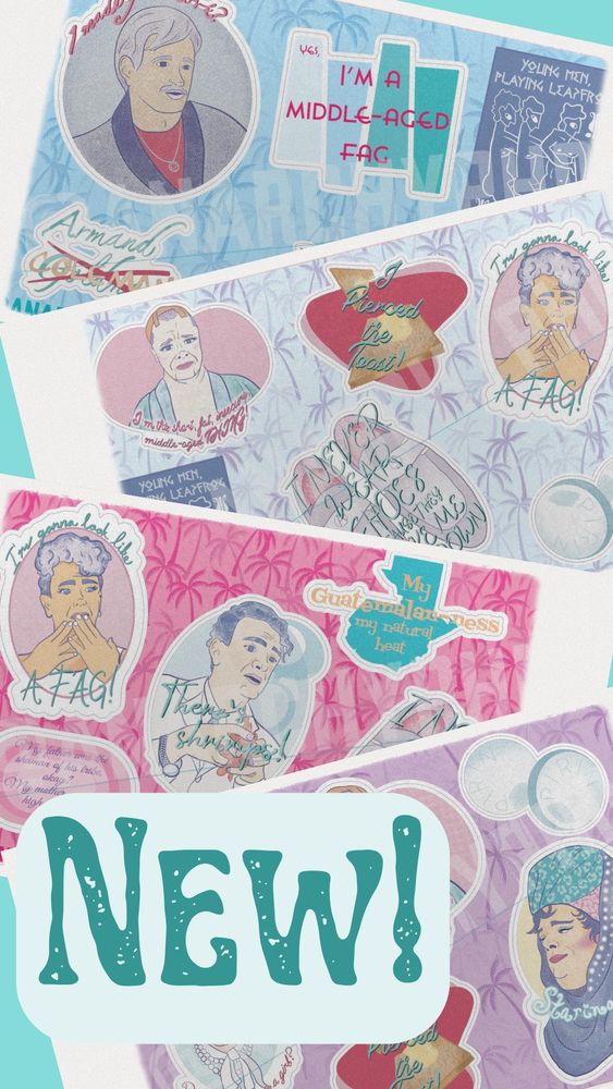 four sheets of stickers with The Birdcage quotes and designs on them