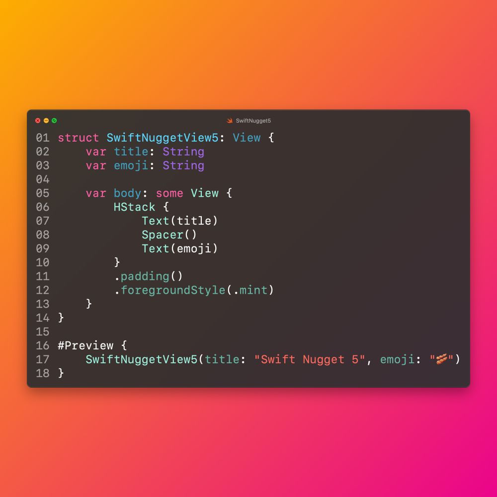 A screenshot of a code editor with a SwiftUI view representing the content of a list row with a title and an emoji in a horizontal stack.