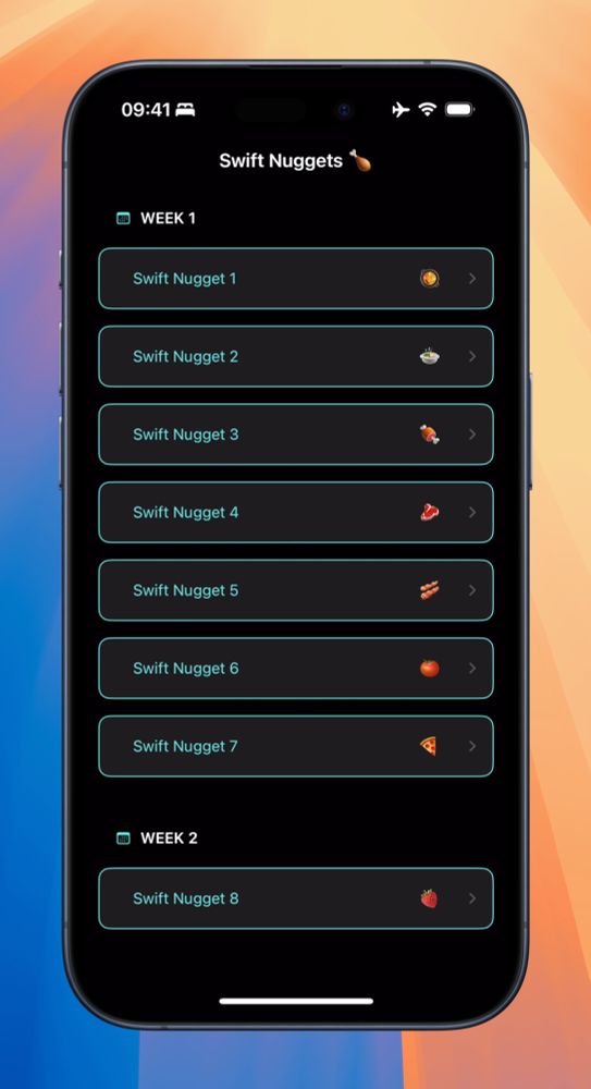 A screenshot of an iPhone simulator showing list of 8 Swift Nuggets to represent the second week of Swift Nuggets starting today