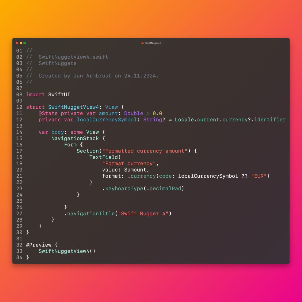 Screenshot of a code editor with a showcase of the Initializer that includes value and format for a SwiftUI TextField to format the input of the TextField as a currency