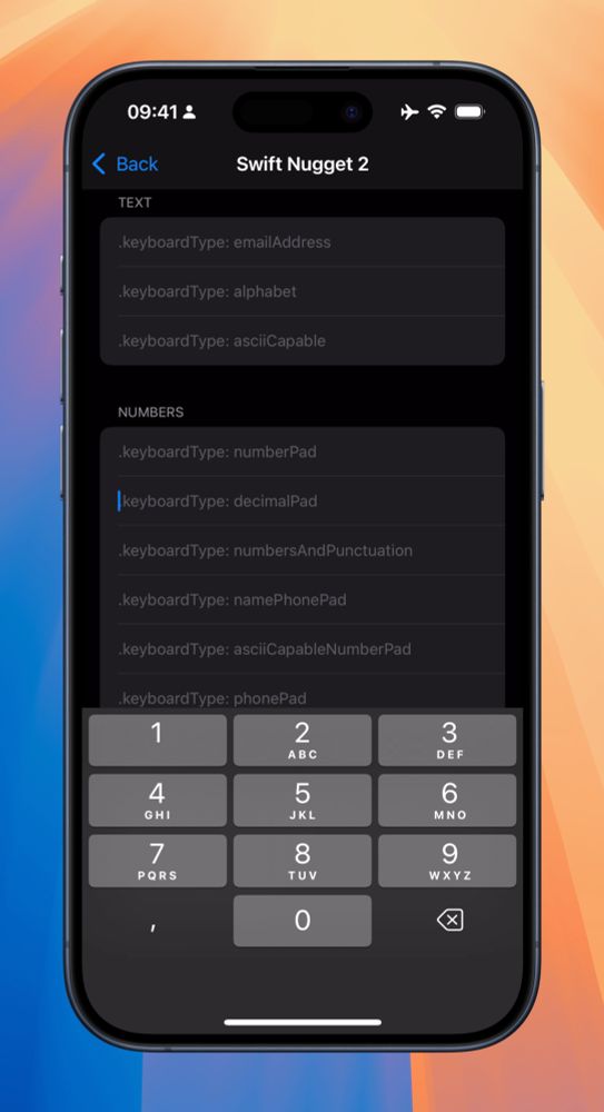 Screenshot of an iPhone simulator that shows multiple SwiftUI TextFields with different .keyboardType modifiers applied. The keyboard for the .numberPad option of .keyboardType is open.