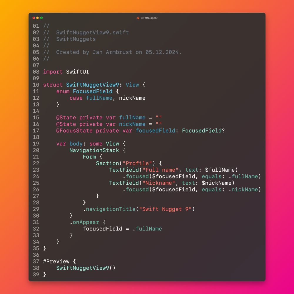 A screenshot of a code editor showcasing how to set the focus state of a SwiftUI TextField.