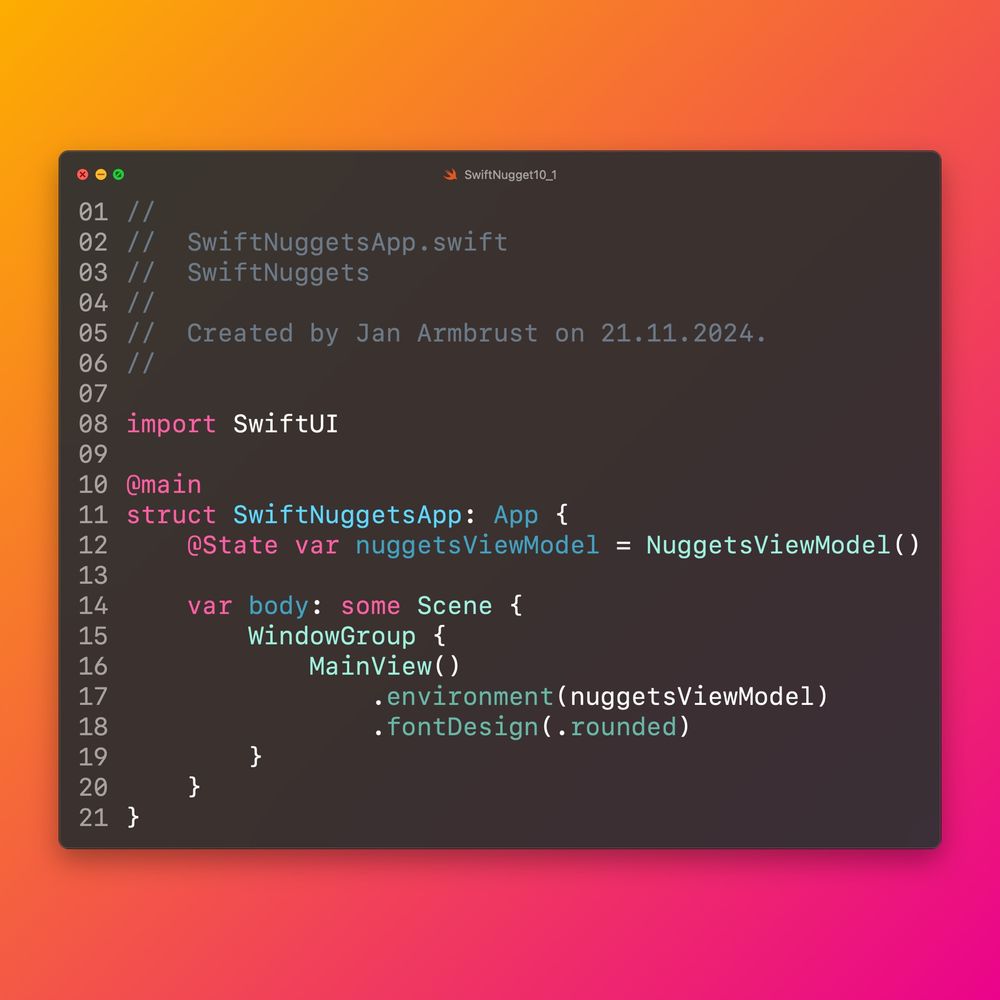 A screenshot of a code editor showing off the usage of .fontDesign(.rounded) at the root of the app to make all texts appear in SF Pro rounded font in SwiftUI