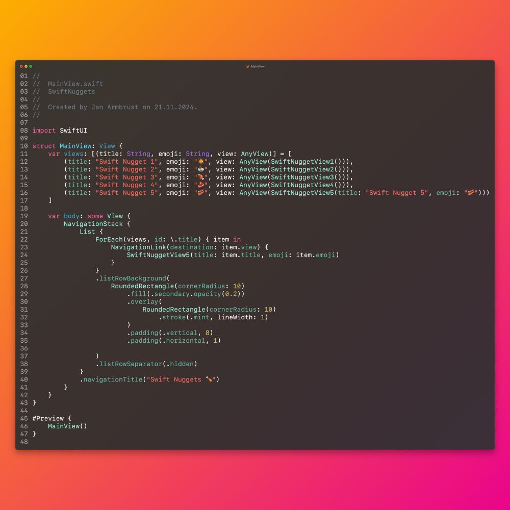 A screenshot of code of a SwiftUI view with a list that has a custom stile achieved by the .listRowSeperstor and .listRowBackground view modifiers