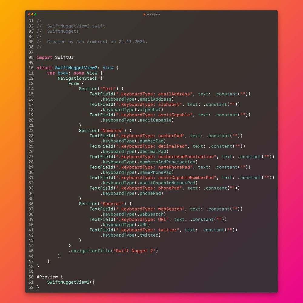 Screenshot of a code editor, that shows the usage of the .keyboardType modifier for a SwiftUI TextField with all available options.