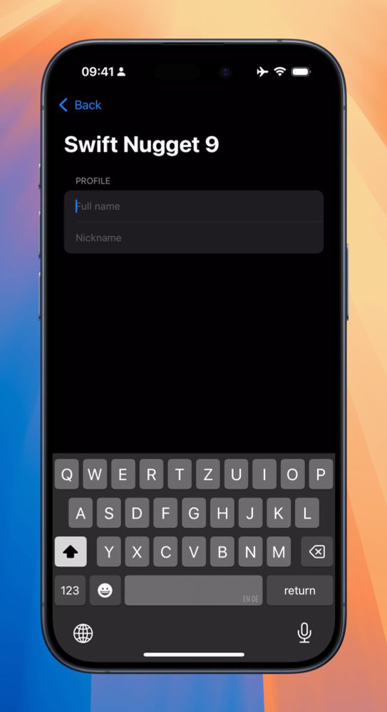 A screenshot of an iPhone simulator showing a form with two TextFields, the focus is on the first field and the keyboard is open.