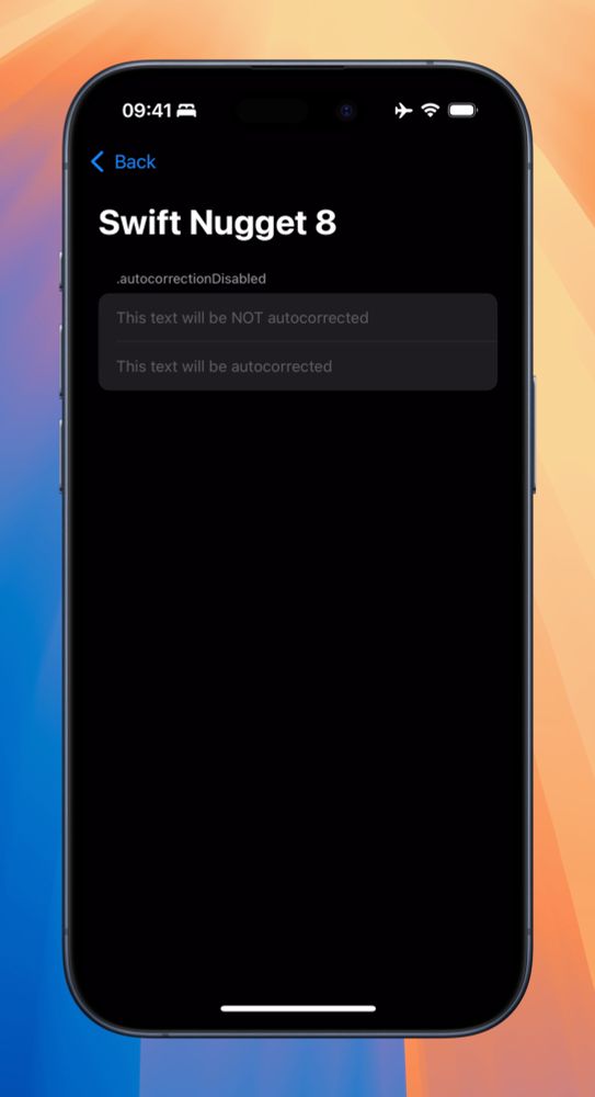 A screenshot of an iPhone simulator showing a form with 2 SwiftUI TextFields to to show off the usage of .autocorrectionDisabled