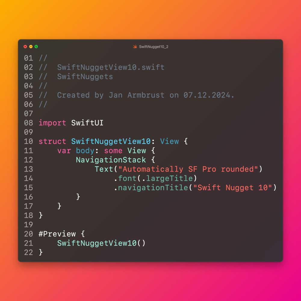 A screenshot of a code editor with a SwiftUI text field stating „Automatically SF Pro rounded“