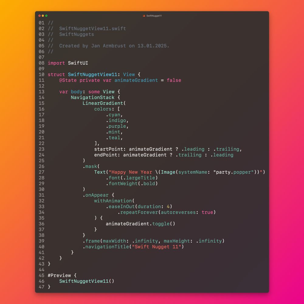 A screenshot of a code editor showing a SwiftUI view with a Linear gradient masked with the text “Happy New Year 🎉”. The gradient is animated from the leading to the trailing edge, looping through the colors cyan, indigo, purple, mint and teal.