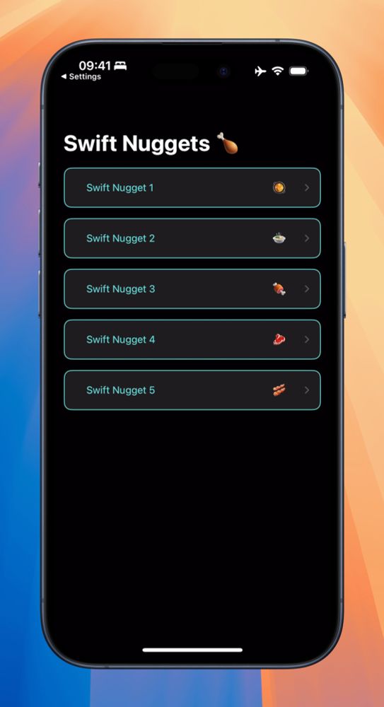 A screenshot of an iOS simulator running an app with a customized list of elements. The list elements feature a mint colored title and a mint colored border with rounded corners for each element.