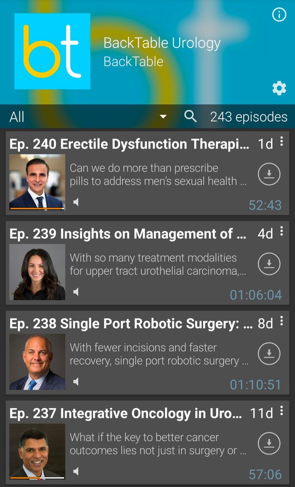 Screenshot of podcast addict stream for backtable urology podcast