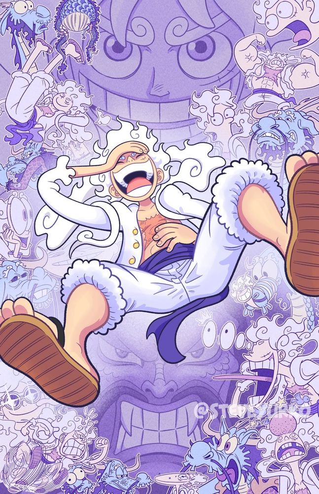 Gear 5 Luffy in his iconic first appearance pose, over a smattering of drawings of face faults from the manga, but also parodies of face faults from other animated series including some of Kaido.