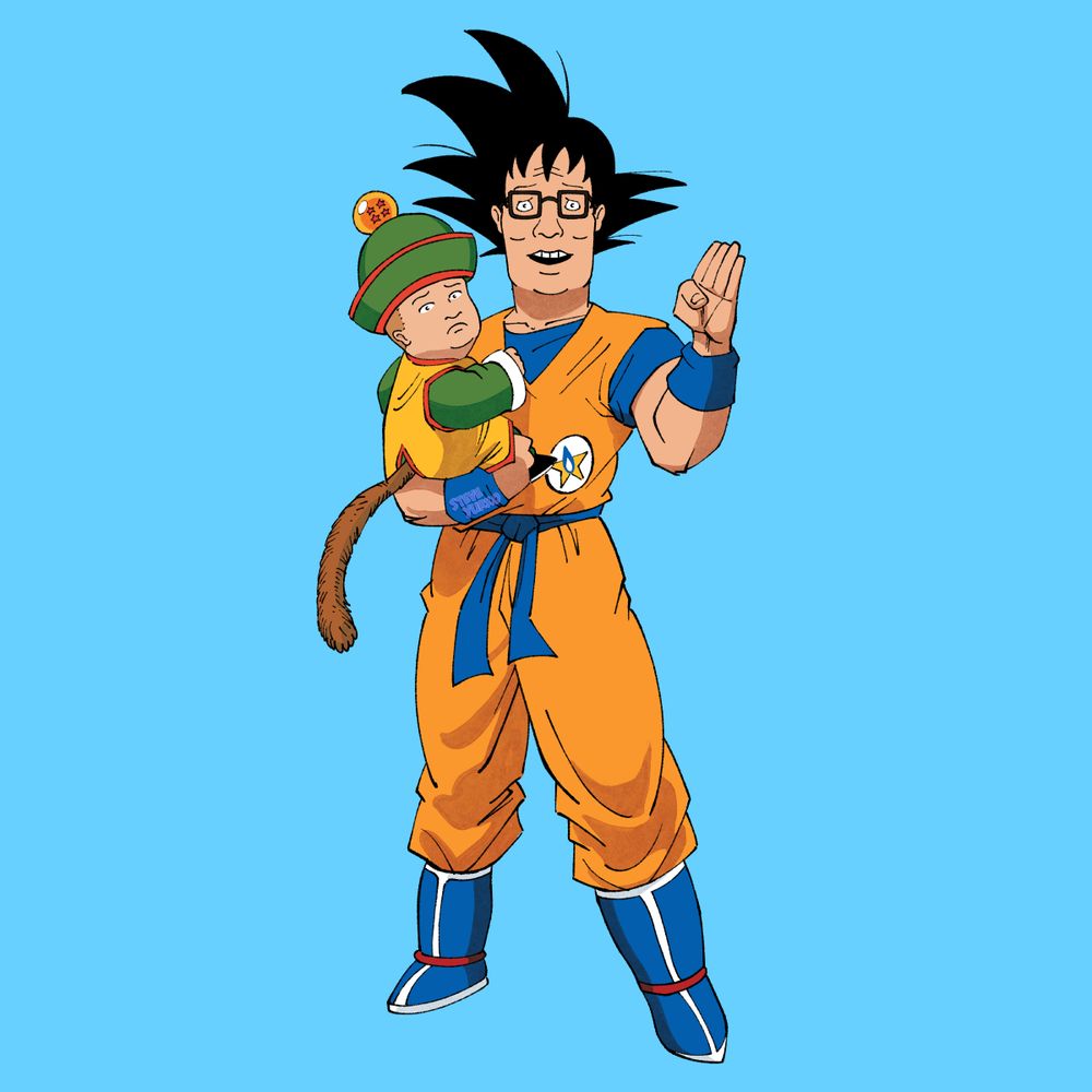 Hank HIll and Bobby Hill as Son Goku and Son Gohan as they appeared in Dragon Ball Chapter 196 "Kakarot". Goku/Hank is holding Gohan/Bobby in his right arm as he waves hello with his left.